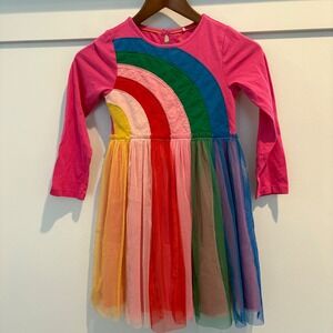 Mini Boden Rainbow Tulle Dress Girls Pink Long Sleeve Skirt Size 6-7Y Flowy